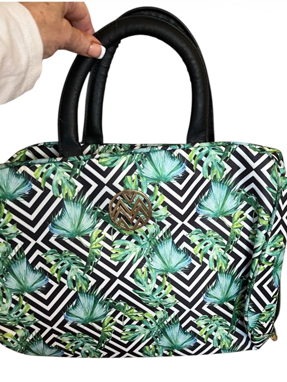 Tropical Palm Print makeup  Bag with Black Handles